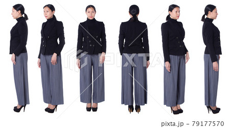 Collage Group Full length Figure snap of 40s 50s Asian LGBTQIA+ Woman black hair suit pant and shoes. Female stands and turns 360 around rear side back view over white Background isolated 79177570