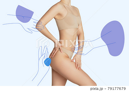 Beautiful female body in underwear over light blue background. Beauty fitness concept. Beautiful female body in underwear over light blue background. Beauty fitness concept. 79177679