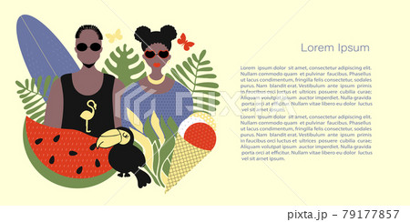 Stylish Afro-Americans man and woman with summer attributes - watermelon and ice cream, toucan and  plants. Vector Template with copy space for invitation, cards or banner and  poster, Landing 79177857