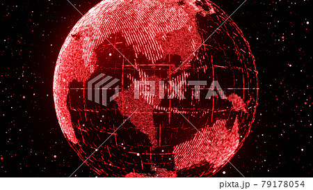 環境破壊。ホログラム、デジタルの赤い地球。粒子の未来的なサイバー背景 環境破壊。ホログラム、デジタルの赤い地球。粒子の未来的なサイバー背景 79178054