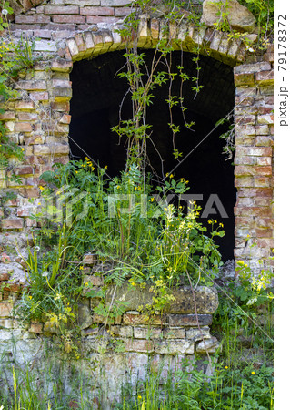 A hole for window with overgrown grass in the wall of the building 79178372