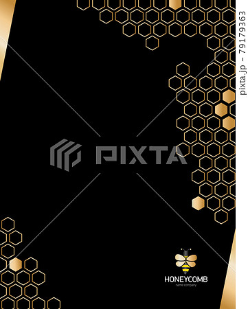 Vertical Modern black background with golden honeycomb. Geometric gold hexagons. 79179363