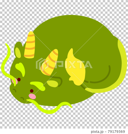 シンプルで可愛いまん丸な緑色の竜のイラスト 主線なしのイラスト素材