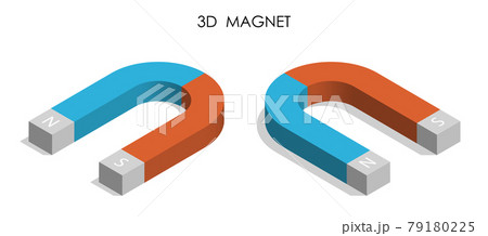 3d red blue magnet in shape of horseshoe with designation of poles of attraction, isometric. Vector isolation on white background 79180225