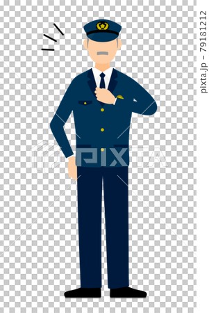 Senior male policeman poses, bangs chest Senior male policeman poses, bangs chest 79181212