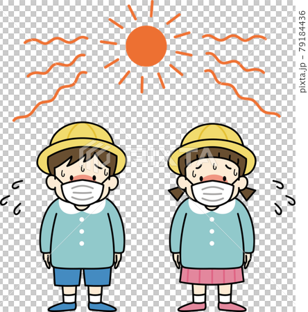 マスクをして汗ばむ幼稚園児のイラスト（熱中症の危険） 79184436
