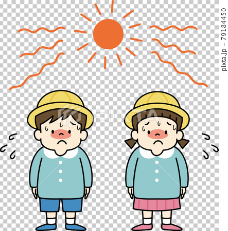 炎天下で汗ばむ幼稚園児のイラスト 熱中症の危険 のイラスト素材