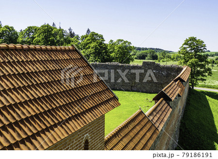 Medieval Castle Roof and Castle Fortification Wall. Medininkai Castle, Lithuania 79186191