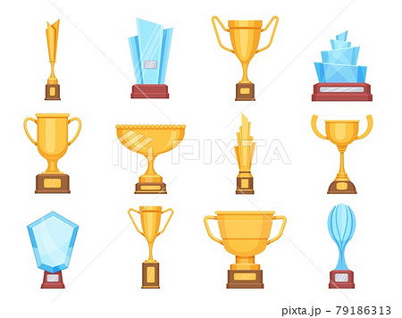 Golden trophy cups. Glass and gold award trophies for sports or competition. Crystal championship rewards and winner prizes flat vector set 79186313