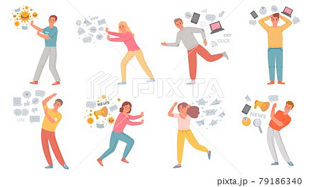 Information stress. Anxiety people running from data overload, propaganda, internet social media, fake news and pandemic panic, vector set 79186340