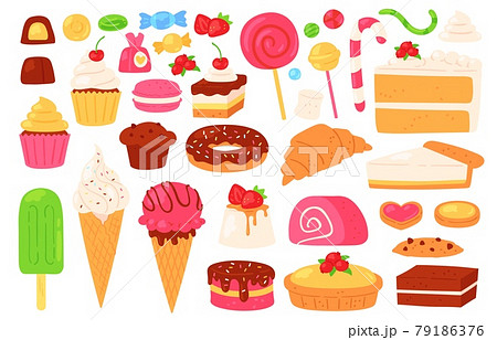 Cartoon candy and sweets. Cupcakes, ice cream, lollipops, chocolate and jelly candies, biscuit pastries and cakes. Confectionery vector set 79186376