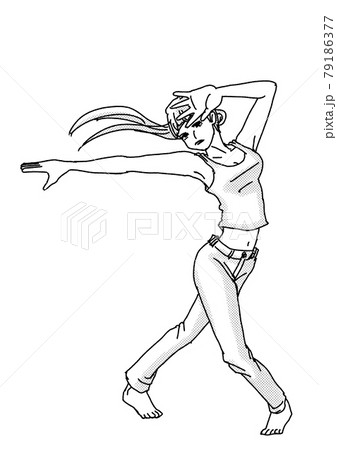 髪を振り乱して全力で踊る女性ダンサーモノクロイラストのイラスト素材
