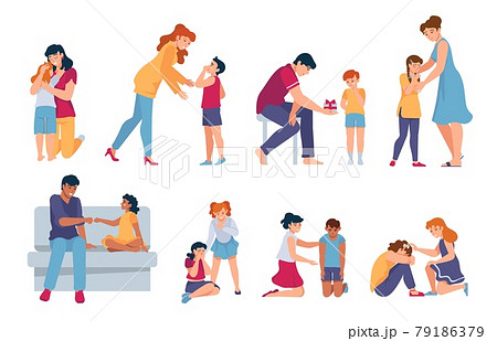 Family support. Parents and friends comforting and hugging crying kids. Adults console sad children. Sympathy for people in grief vector set 79186379