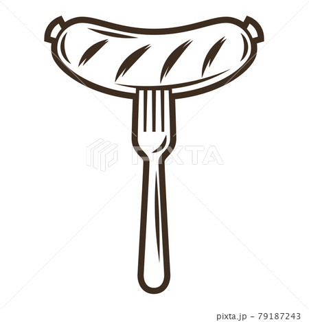 Illustration of fried sausage on fork. Object in engraving hand drawn style. Old element for beer festival or Oktoberfest. 79187243