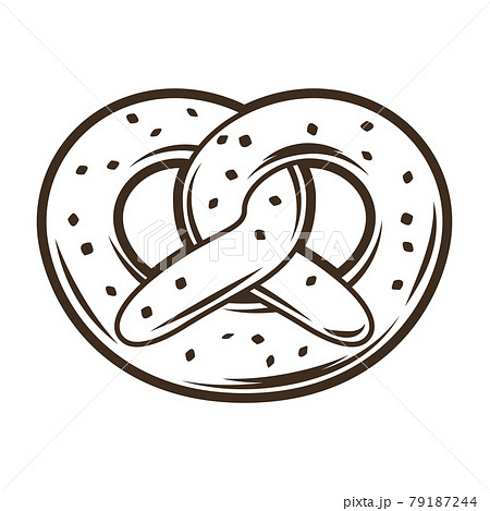 Illustration of baked pretzel. Object in engraving hand drawn style. Old element for beer festival or Oktoberfest. 79187244