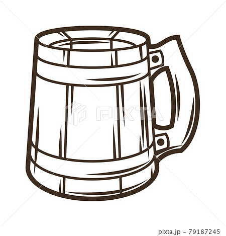 Illustration of wood mug with beer. Object in engraving hand drawn style. Old element for beer festival or Oktoberfest. 79187245