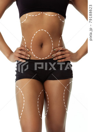 Flat, fit belly. Beautiful female body with lifting up arrows isolated on white background Flat, fit belly. Beautiful female body with lifting up arrows isolated on white background 79188623