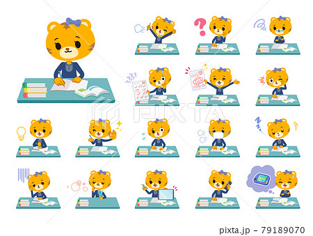 勉強に関するトラの女の子のセットのイラスト素材