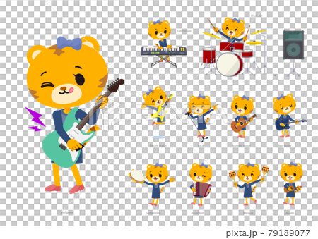 ロックンロールやポップミュージックを演奏するトラの女の子のセット 79189077