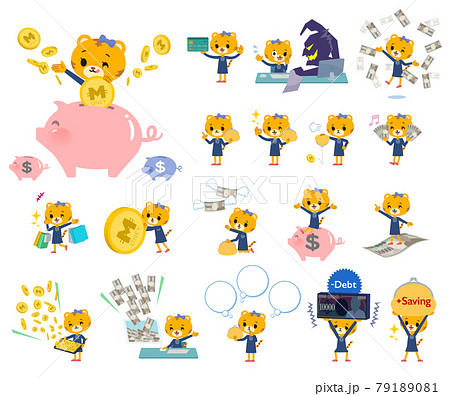 お金や経済に関するトラの女の子のセットのイラスト素材