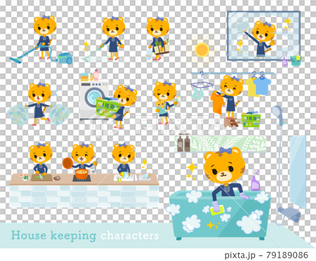 A set of tiger girls on household chores such as cleaning and washing A set of tiger girls on household chores such as cleaning and washing 79189086