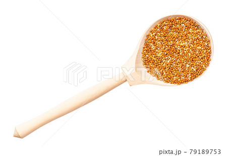 top view of chumiza siberian millet in wood spoon top view of chumiza siberian millet in wood spoon 79189753