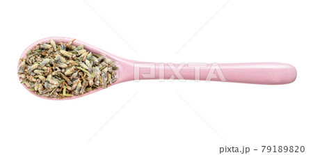 top view of old dried lavender in ceramic spoon top view of old dried lavender in ceramic spoon 79189820