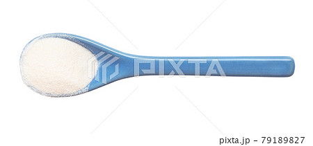 top view of agar powder in ceramic spoon isolated 79189827