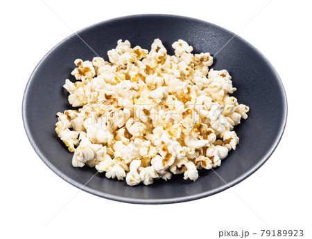 popped corn in gray bowl isolated on white popped corn in gray bowl isolated on white 79189923