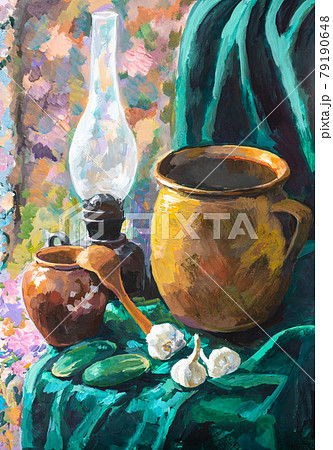 still life with ceramic pots and kerosene lamp still life with ceramic pots and kerosene lamp 79190648