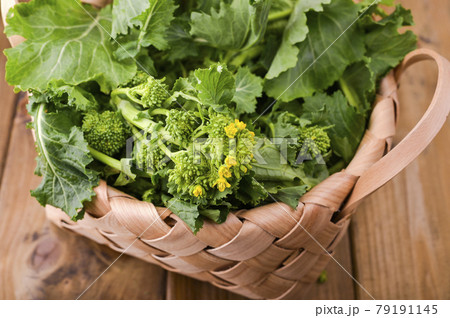 Raw Organic Turnip Greens Ready to Eat on a brown wooden background . basket with fresh green Raw Organic Turnip Greens Ready to Eat on a brown wooden background . basket with fresh green 79191145