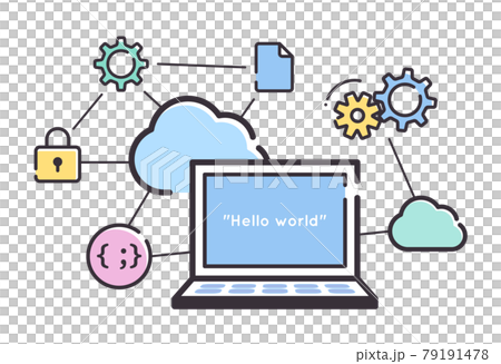 シンプルな線のノートパソコンとネットワークのイメージ_IT_カラフル 79191478