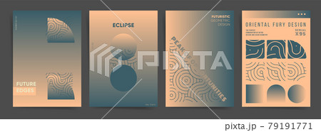 Gradient space geometric poster layouts collection. For poster, book magazine covers, brochure, identity and web art. halftone gradient with wavy lines and retro 70s design, Vector aesthetics backdrop 79191771