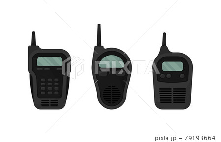 Black Portable Radio Device or Walkie Talkie with Antenna Vector Set 79193664