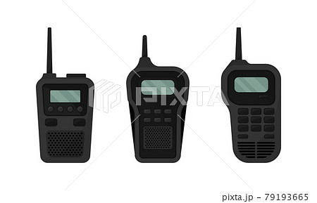 Black Portable Radio Device or Walkie Talkie with Antenna Vector Set 79193665