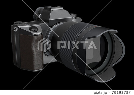 Concept of nonexistent DSLR camera with macro lens isolated on black background. Concept of nonexistent DSLR camera with macro lens isolated on black background. 79193787