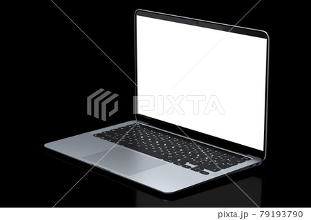 Realistic aluminum laptop with empty white screen isolated on black background. Realistic aluminum laptop with empty white screen isolated on black background. 79193790