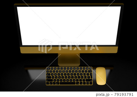 Realistic gold computer screen display with keyboard and mouse isolated on black Realistic gold computer screen display with keyboard and mouse isolated on black 79193791