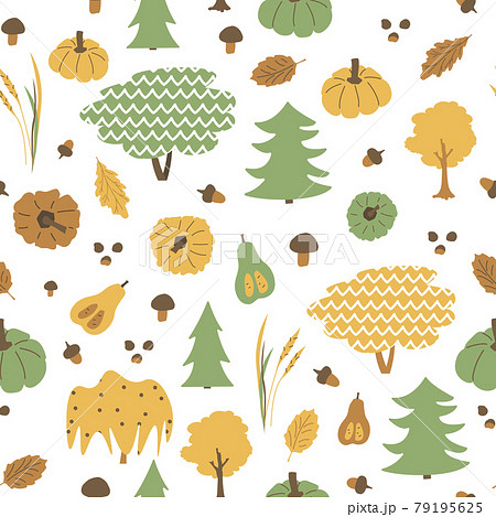Autumn trees seamless pattern. Vector hand drawn larch, willow, alder, oak, leaves, acorn, pumpkins, wheat, mushrooms elements illustration on white background, flat style Autumn trees seamless pattern. Vector hand drawn larch, willow, alder, oak, leaves, acorn, pumpkins, wheat, mushrooms elements illustration on white background, flat style 79195625