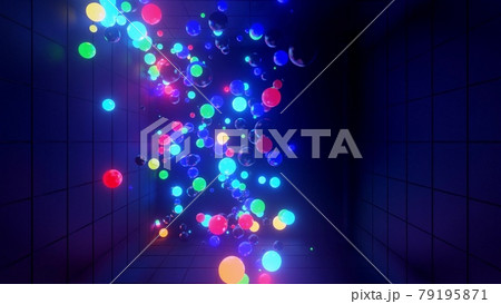 3d render. 3D abstract creative background with neon glow multi-colored spheres inside camera, reflecting walls. Luminous balls fly inside dark chamber. Creative simple geometric bg with neon glow 3d render. 3D abstract creative background with neon glow multi-colored spheres inside camera, reflecting walls. Luminous balls fly inside dark chamber. Creative simple geometric bg with neon glow 79195871