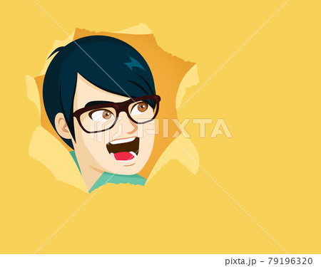 Man looking through torn yellow paper hole screaming surprised 79196320