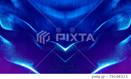 3d rendering background of microworld or sci-fi theme with glowing particles form curved lines, 3d surfaces, grid structures with depth of field, bokeh. Deep blue wave symmetric forms 79196323