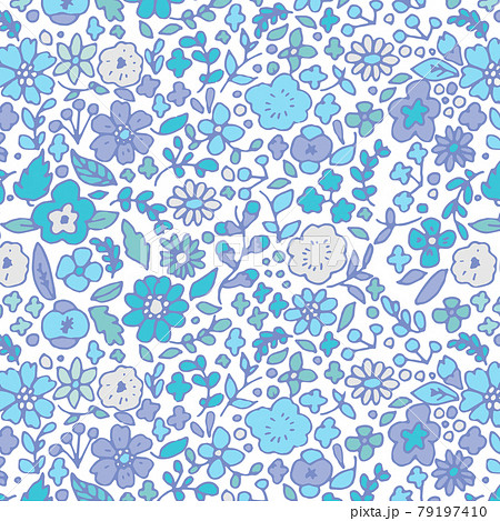手書きタッチの花柄背景 レトロ 北欧イメージ青のイラスト素材