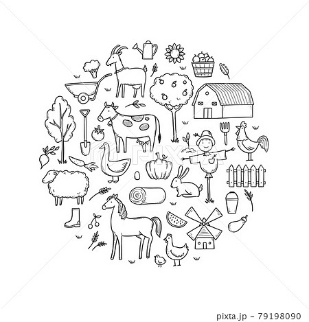 Hand drawn set farm animal, farmer food. Hand drawn set farm animal, farmer food. 79198090