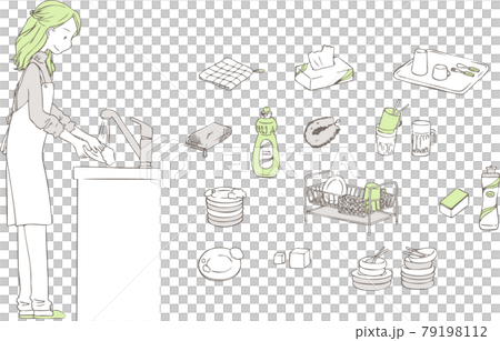 Illustration set of women washing dishes and detergent etc. 79198112