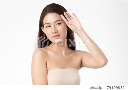 Beautiful young asian woman with clean fresh skin on white background, Face care, Facial treatment, 79199082