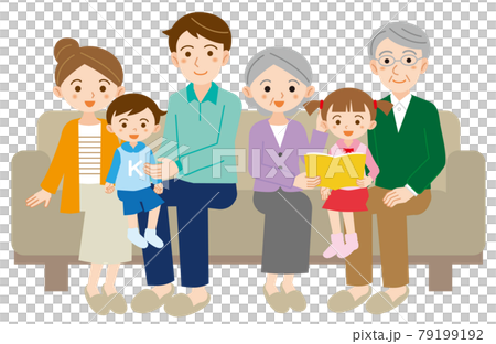 Illustration of a happy three-generation six-person family relaxing on a sofa / white background 79199192