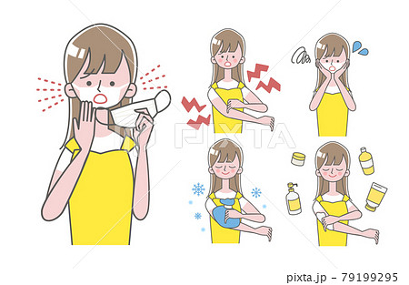 日焼けでマスク跡と半袖跡が残り困る女性イラスト 79199295