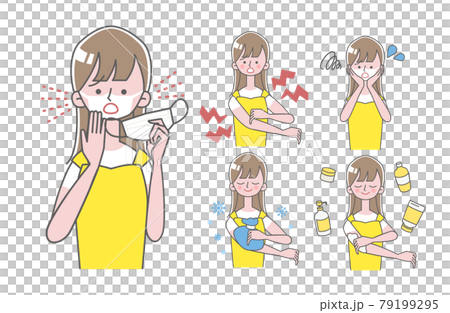 日焼けでマスク跡と半袖跡が残り困る女性イラスト 79199295