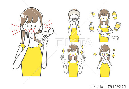 マスクによる肌荒れに困る女性のbefore Afterイラストのイラスト素材